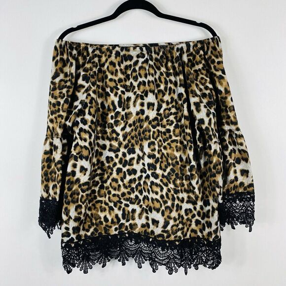Ali Miles Size Large Animal Print Lace Trim Off Shoulder Top Brown Black Leopard - Picture 2 of 5